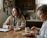 Una giovane donna guarda fuori dalla finestra, pensierosa, mentre una donna più anziana prepara la colazione. La tensione è palpabile, forse un preludio a un futuro andare via di casa per colpa dei genitori.