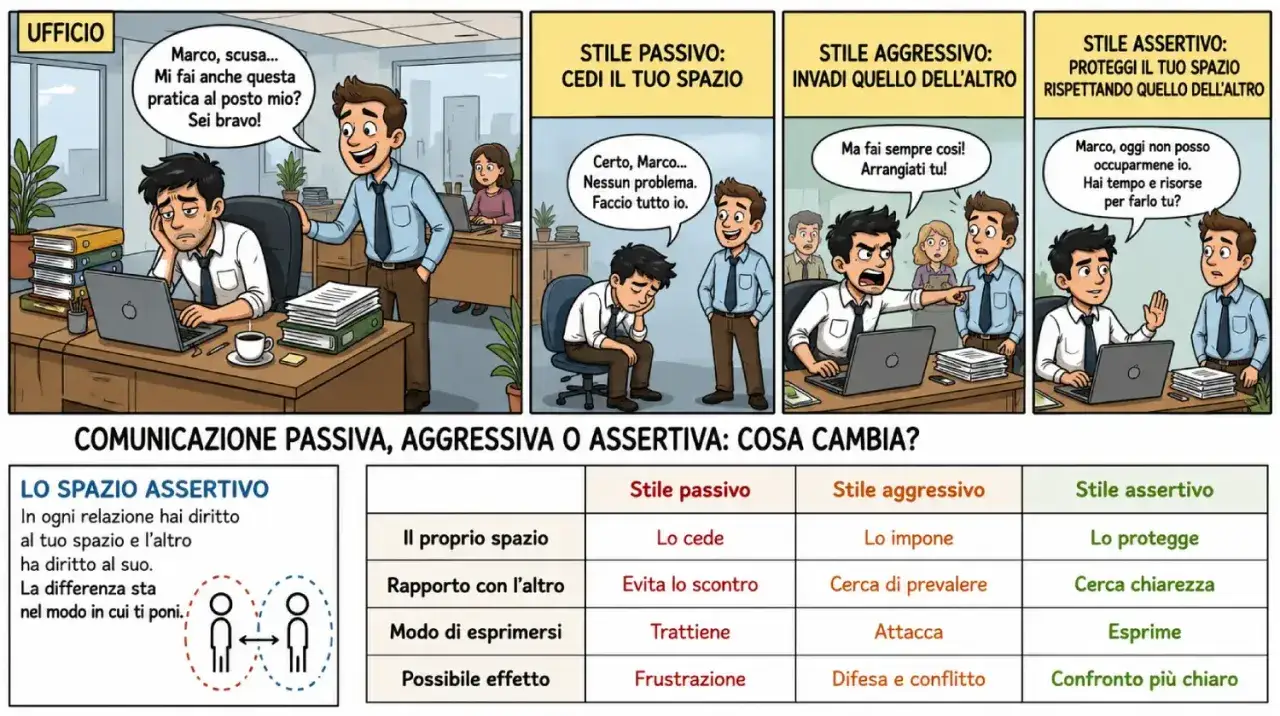 Comic strip showing passive, aggressive, and assertive communication styles in an office setting.
