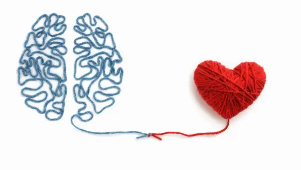Cervello di filo blu collegato a un cuore di filo rosso. Un elenco di sentimenti ed emozioni che uniscono mente e cuore.