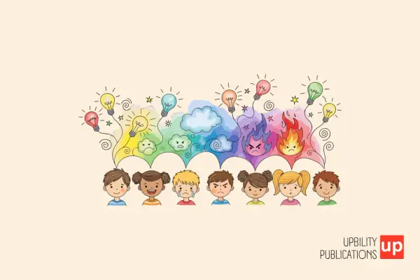 Bambini con espressioni emotive diverse, da gioia a rabbia, con lampadine che rappresentano pensieri e la **dissociazione emotiva** come un arcobaleno di sentimenti.