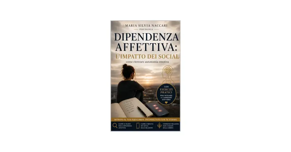 Libro "Dipendenza affettiva: l'impatto dei social" di Maria Silvia Naccari, con esercizi pratici per ritrovare autonomia emotiva e uscire dalla dipendenza affettiva.
